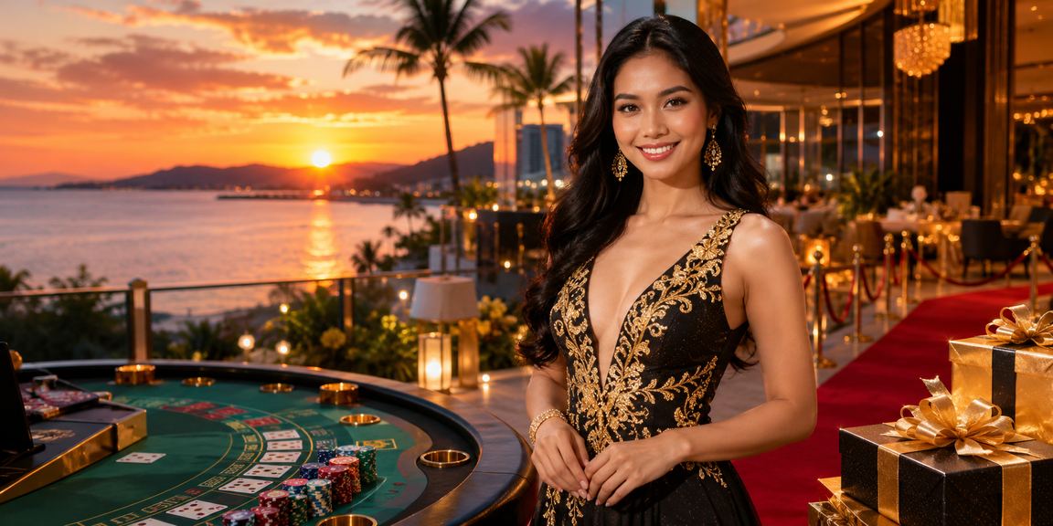 Meja baccarat kasino langsung hr2u dengan suasana malam Kota Kinabalu